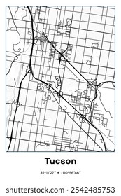 Editable vector poster map of Tucson,Arizona, showcasing detailed street layouts, main roads, neighborhoods, and landmarks in Black, white, gray colors.