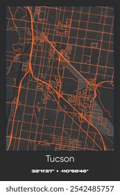 Editable vector poster map of Tucson,Arizona, showcasing detailed street layouts, main roads, neighborhoods, and landmarks in Gray, Black, Orange colors.
