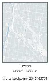 Editable vector poster map of Tucson,Arizona, showcasing detailed street layouts, main roads, neighborhoods, and landmarks in Gray, white, green, blue colors.