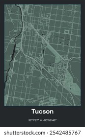 Editable vector poster map of Tucson,Arizona, showcasing detailed street layouts, main roads, neighborhoods, and landmarks in Dark gray, Gray, Green, gray-green colors.