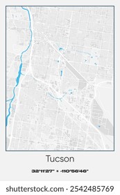 Editable vector poster map of Tucson,Arizona, showcasing detailed street layouts, main roads, neighborhoods, and landmarks in Gray, white, blue colors.