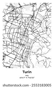 Editable vector poster map of Turin, Italy, showcasing detailed street layouts, main roads, neighborhoods, and landmarks in Black, white, gray, BW colors.