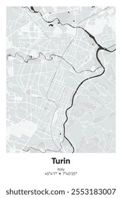 Mapa de cartaz vetorial editável de Turim, Itália, mostrando detalhados layouts de rua, principais estradas, bairros e pontos de referência em cores cinzentas, pretas, brancas, azuis.