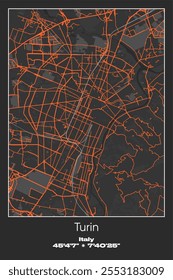 Editable vector poster map of Turin, Italy, showcasing detailed street layouts, main roads, neighborhoods, and landmarks in Gray, Black, Orange colors.
