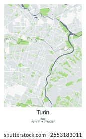 Editable vector poster map of Turin, Italy, showcasing detailed street layouts, main roads, neighborhoods, and landmarks in Gray, Blue, Green, White colors.