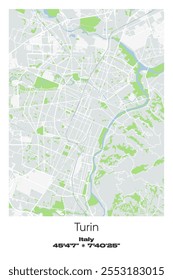 Editable vector poster map of Turin, Italy, showcasing detailed street layouts, main roads, neighborhoods, and landmarks in Gray, white, green, blue colors.