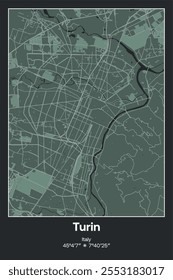 Mapa de pôster vetorial editável de Turim, Itália, mostrando detalhados layouts de rua, estradas principais, bairros e pontos de referência em cinza escuro, cinza, verde, cinza-verde cores.