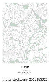 Editable vector poster map of Turin, Italy, showcasing detailed street layouts, main roads, neighborhoods, and landmarks in Pastel, Gray, White, Green colors.