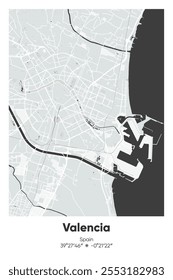 Editable vector poster map of Valencia, Spain, showcasing detailed street layouts, main roads, neighborhoods, and landmarks in Gray, Black, White, BW colors.