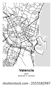 Editable vector poster map of Valencia, Spain, showcasing detailed street layouts, main roads, neighborhoods, and landmarks in Black, white, gray, BW colors.