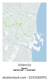 Editable vector poster map of Valencia, Spain, showcasing detailed street layouts, main roads, neighborhoods, and landmarks in Gray, white, green, blue colors.