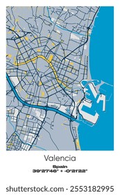 Editable vector poster map of Valencia, Spain, showcasing detailed street layouts, main roads, neighborhoods, and landmarks in Blue, Gray, Yellow, Olive colors.