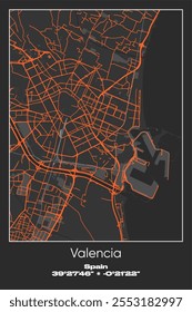 Editable vector poster map of Valencia, Spain, showcasing detailed street layouts, main roads, neighborhoods, and landmarks in Gray, Black, Orange colors.