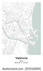 Editable vector poster map of Valencia, Spain, showcasing detailed street layouts, main roads, neighborhoods, and landmarks in Pastel, Gray, White, Green colors.