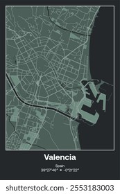 Editable vector poster map of Valencia, Spain, showcasing detailed street layouts, main roads, neighborhoods, and landmarks in Dark gray, Gray, Green, gray-green colors.