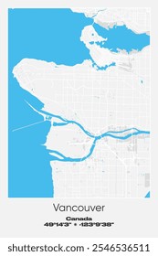 Mapa de pôster vetorial editável de Vancouver, Canadá, exibindo detalhados layouts de ruas, principais estradas, bairros e pontos de referência em cores cinzentas, brancas e azuis.