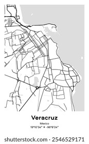 Mapa de póster de Vector editable de Veracruz, México, que muestra diseños detallados de calles, carreteras principales, vecindarios y Lugares famosos en colores negro, blanco, gris y blanco.