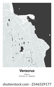 Mapa de póster de Vector editable de Veracruz, México, que muestra diseños detallados de calles, carreteras principales, vecindarios y Lugares famosos en colores gris, negro, blanco y blanco.