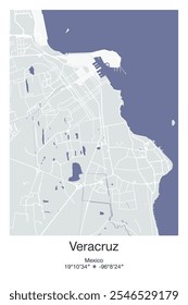 Mapa de póster de Vector editable de Veracruz, México, que muestra diseños detallados de calles, carreteras principales, vecindarios y Lugares famosos en colores gris, azul, verde y blanco.