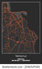 Mapa de póster de Vector editable de Veracruz, México, que muestra diseños detallados de calles, carreteras principales, vecindarios y Lugares famosos en colores gris, negro y naranja.