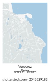 Mapa de póster de Vector editable de Veracruz, México, que muestra diseños detallados de calles, carreteras principales, vecindarios y Lugares famosos en colores gris, blanco, verde y azul.