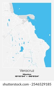 Mapa de póster de Vector editable de Veracruz, México, que muestra diseños detallados de calles, carreteras principales, vecindarios y Lugares famosos en colores gris, blanco y azul.