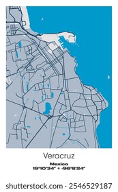 Mapa de póster de Vector editable de Veracruz, México, que muestra diseños detallados de calles, carreteras principales, vecindarios y Lugares famosos en colores azul, gris, amarillo y oliva.