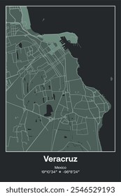 Mapa de póster de Vector editable de Veracruz, México, que muestra diseños detallados de calles, carreteras principales, vecindarios y Lugares famosos en colores gris oscuro, gris, verde, gris-verde.