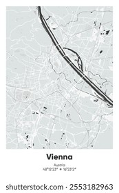 Editable vector poster map of Vienna, Austria, showcasing detailed street layouts, main roads, neighborhoods, and landmarks in Gray, Black, White, BW colors.