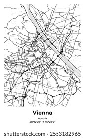 Mapa de pôster vetorial editável de Viena, Áustria, mostrando detalhados layouts de ruas, principais estradas, bairros e pontos de referência em preto, branco, cinza, BW cores.