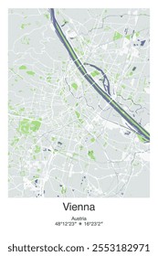 Mapa de pôster vetorial editável de Viena, Áustria, mostrando detalhados layouts de ruas, principais estradas, bairros e pontos de referência em cores cinzentas, azuis, verdes, brancas.