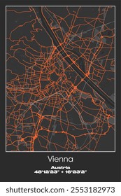 Editable vector poster map of Vienna, Austria, showcasing detailed street layouts, main roads, neighborhoods, and landmarks in Gray, Black, Orange colors.