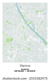 Mapa de pôster vetorial editável de Viena, Áustria, mostrando detalhados layouts de ruas, principais estradas, bairros e pontos de referência em cores cinzentas, brancas, verdes e azuis.