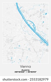 Editable vector poster map of Vienna, Austria, showcasing detailed street layouts, main roads, neighborhoods, and landmarks in Gray, white, blue colors.