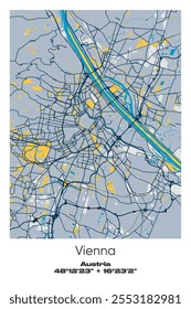 Editable vector poster map of Vienna, Austria, showcasing detailed street layouts, main roads, neighborhoods, and landmarks in Blue, Gray, Yellow, Olive colors.