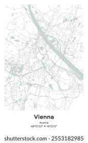 Mapa de pôster vetorial editável de Viena, Áustria, mostrando detalhados layouts de ruas, principais estradas, bairros e pontos de referência em cores Pastel, Cinza, Branco, Verde.