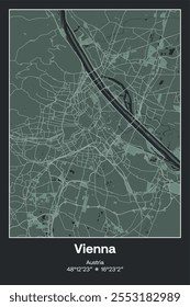 Editable vector poster map of Vienna, Austria, showcasing detailed street layouts, main roads, neighborhoods, and landmarks in Dark gray, Gray, Green, gray-green colors.