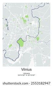 Mapa de pôster vetorial editável de Vilnius, Lituânia, mostrando detalhados layouts de rua, estradas principais, bairros e pontos de referência em cores cinzentas, azuis, verdes, brancas.