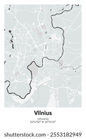 Mapa de pôster vetorial editável de Vilnius, Lituânia, mostrando detalhados layouts de ruas, principais estradas, bairros e pontos de referência em cores cinzentas, pretas, brancas, azuis.