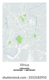 Mapa de pôster vetorial editável de Vilnius, Lituânia, mostrando detalhados layouts de rua, estradas principais, bairros e pontos de referência em cores cinzentas, brancas, verdes, azuis.