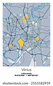 Editable vector poster map of Vilnius, Lithuania, showcasing detailed street layouts, main roads, neighborhoods, and landmarks in Blue, Gray, Yellow, Olive colors.