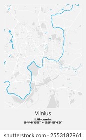 Mapa de pôster vetorial editável de Vilnius, Lituânia, mostrando detalhados layouts de rua, estradas principais, bairros e pontos de referência em cores cinzentas, brancas e azuis.