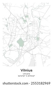 Mapa de pôster vetorial editável de Vilnius, Lituânia, mostrando detalhados layouts de rua, estradas principais, bairros e pontos de referência em cores Pastel, Cinza, Branco, Verde.