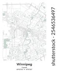 Editable vector poster map of Winnipeg, Canada, showcasing detailed street layouts, main roads, neighborhoods, and landmarks in Pastel, Gray, White, Green colors.