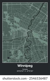 Editable vector poster map of Winnipeg, Canada, showcasing detailed street layouts, main roads, neighborhoods, and landmarks in Dark gray, Gray, Green, gray-green colors.