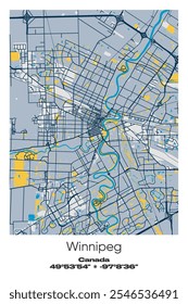 Editable vector poster map of Winnipeg, Canada, showcasing detailed street layouts, main roads, neighborhoods, and landmarks in Blue, Gray, Yellow, Olive colors.