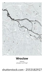 Mapa de pôster vetorial editável de Wroclaw, Polônia, mostrando detalhados layouts de rua, estradas principais, bairros e pontos de referência em cores cinzentas, pretas, brancas, brancas.