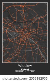 Mapa de pôster vetorial editável de Wroclaw, Polônia, mostrando detalhados layouts de rua, estradas principais, bairros e pontos de referência em cores cinza, preto, laranja.