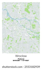 Mapa de pôster vetorial editável de Wroclaw, Polônia, mostrando detalhados layouts de rua, estradas principais, bairros e pontos de referência em cores cinzentas, brancas, verdes, azuis.