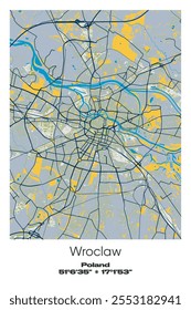 Editable vector poster map of Wroclaw, Poland, showcasing detailed street layouts, main roads, neighborhoods, and landmarks in Blue, Gray, Yellow, Olive colors.